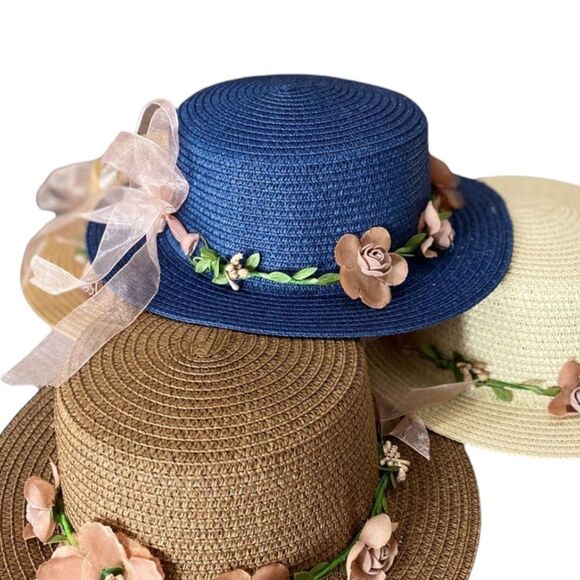 Navy Blue Round Crown Floral Lace Band Portable Straw Sun Hat NEW - Picture 1 of 4